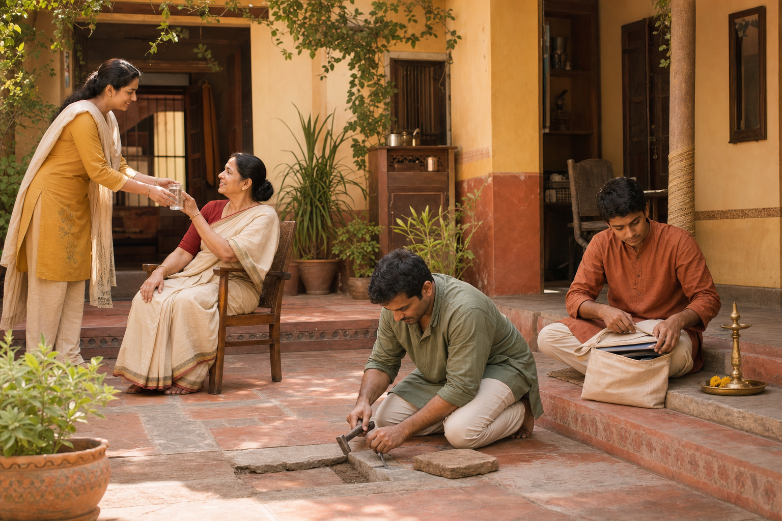 Family members serve water to an elder, repair a courtyard stone, and organize an unmarked folder inside a sunlit home.