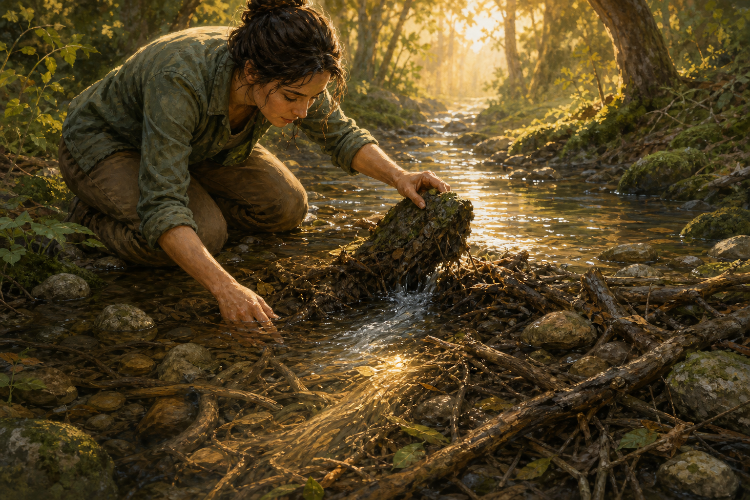 A person examines tangled roots and stones blocking a forest spring as clear water begins flowing through a small opening.