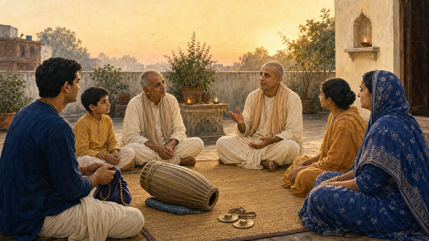 Devotees sit together in a dawn courtyard with prayer beads, a mridanga drum, and hand cymbals after devotional chanting.