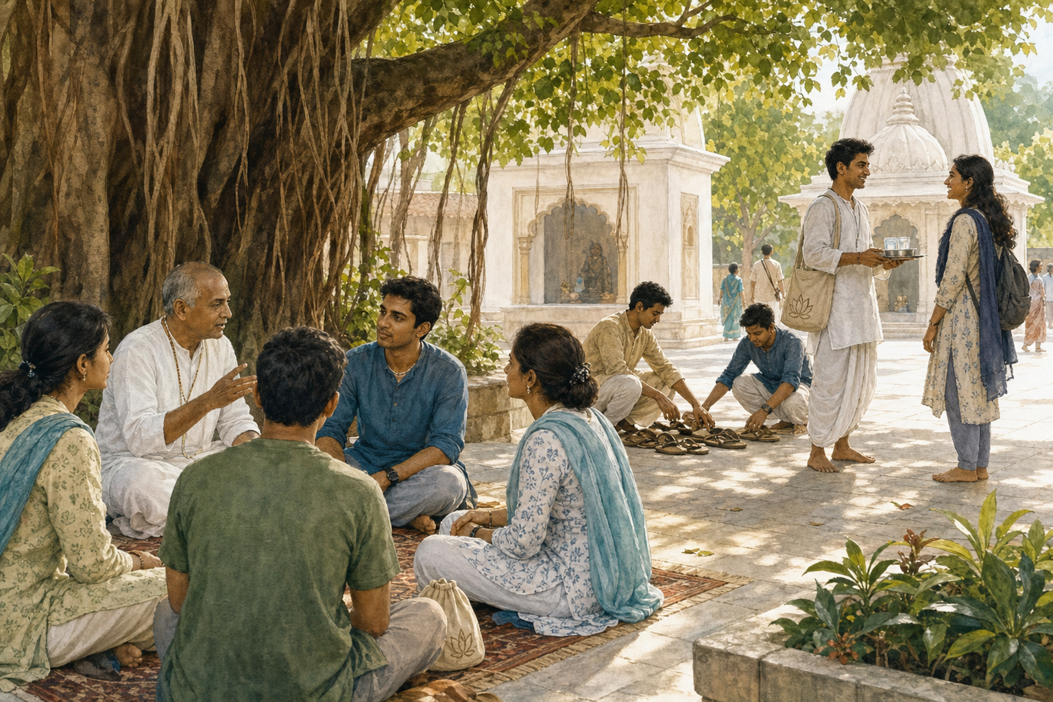 A seeker listens to a circle of practitioners while other devotees welcome guests, offer water, and arrange sandals in a shaded courtyard.