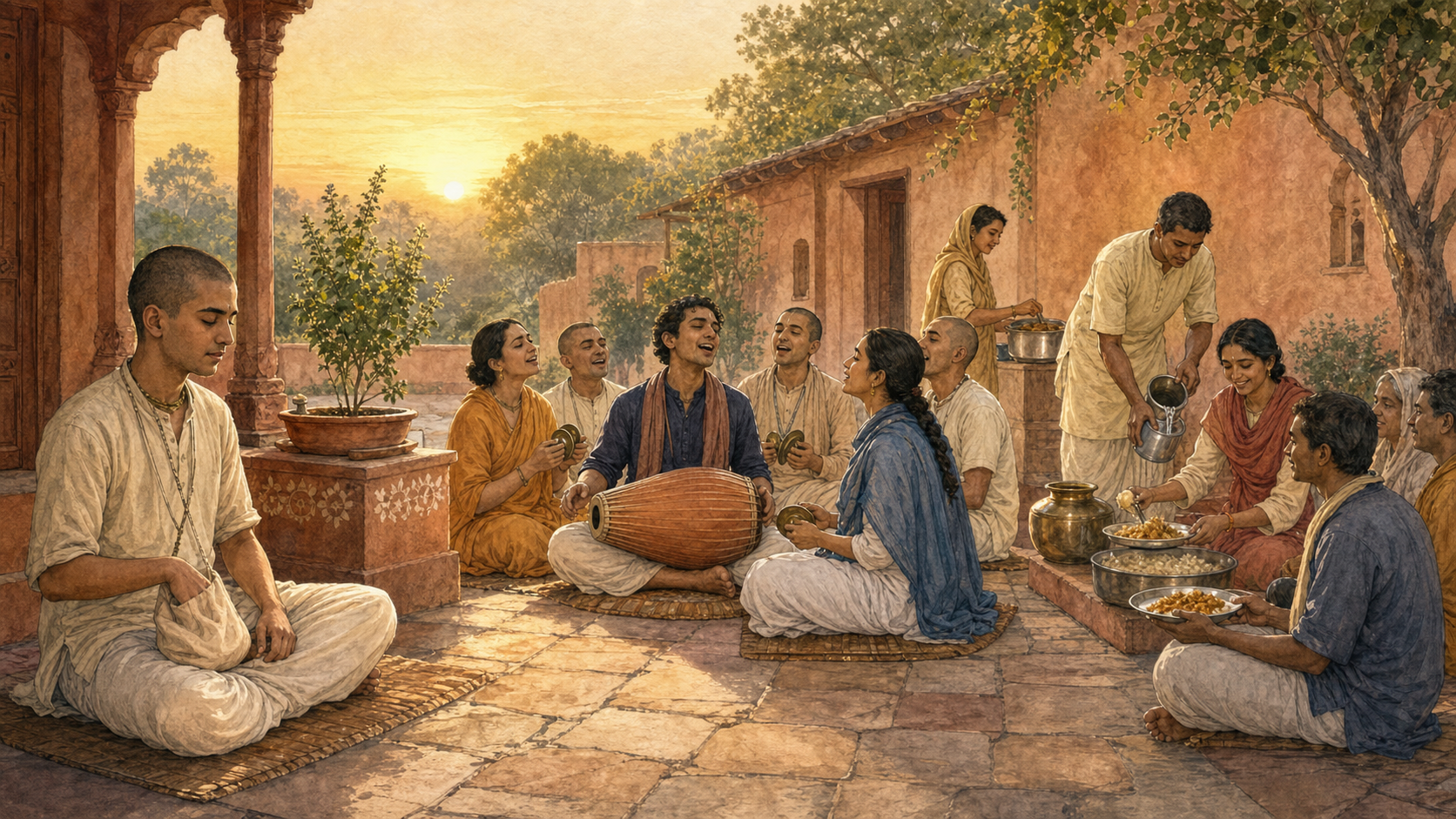 Devotees practice japa, sing with a mridanga and hand cymbals, and prepare and serve food in one courtyard.