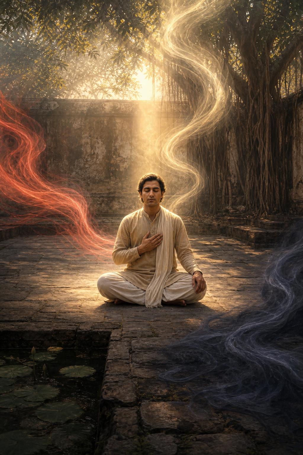 A seated person reflects in a dawn courtyard as ivory, red, and indigo currents swirl around a calm, illuminated figure.