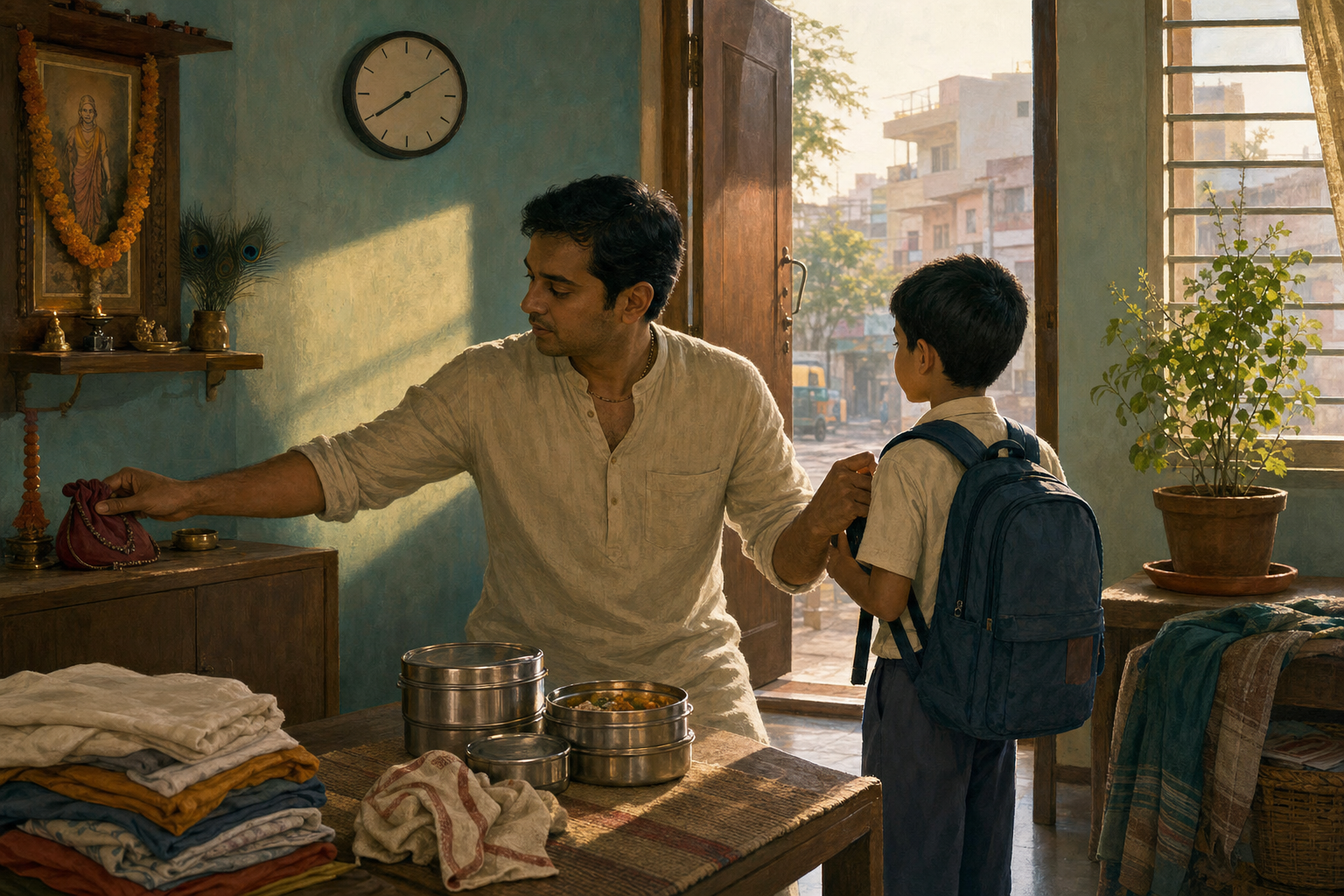 A householder puts away a prayer bead bag and prepares food while helping a child get ready in a sunlit home.