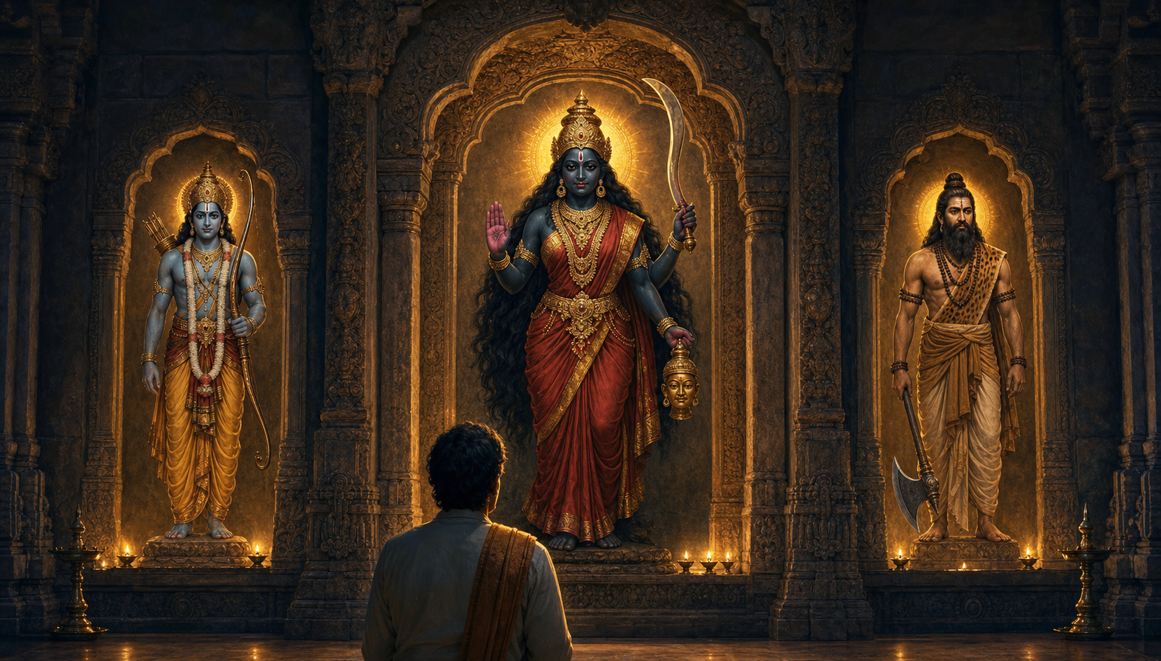 A devotee studies separate temple images of Kali with a sword, Rama with a bow, and Parashurama with an axe in an oil-lamp-lit gallery.