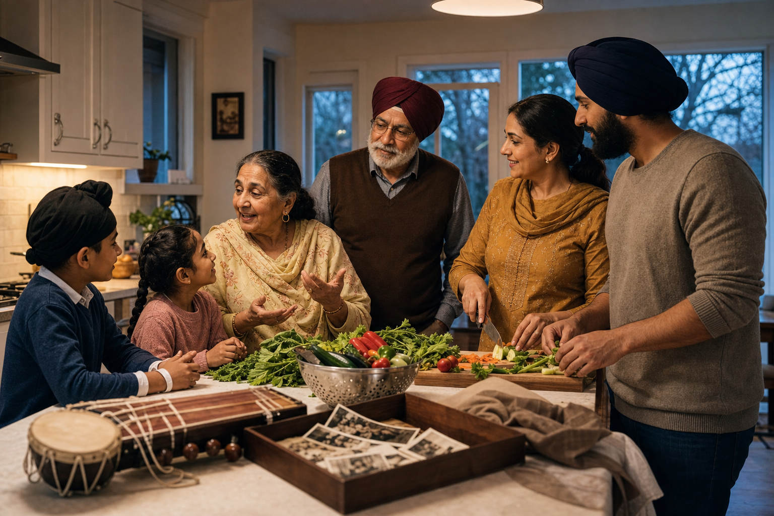Three generations of a Sikh Punjabi family talk and prepare vegetables together in a home kitchen, with musical instruments and old photographs nearby.