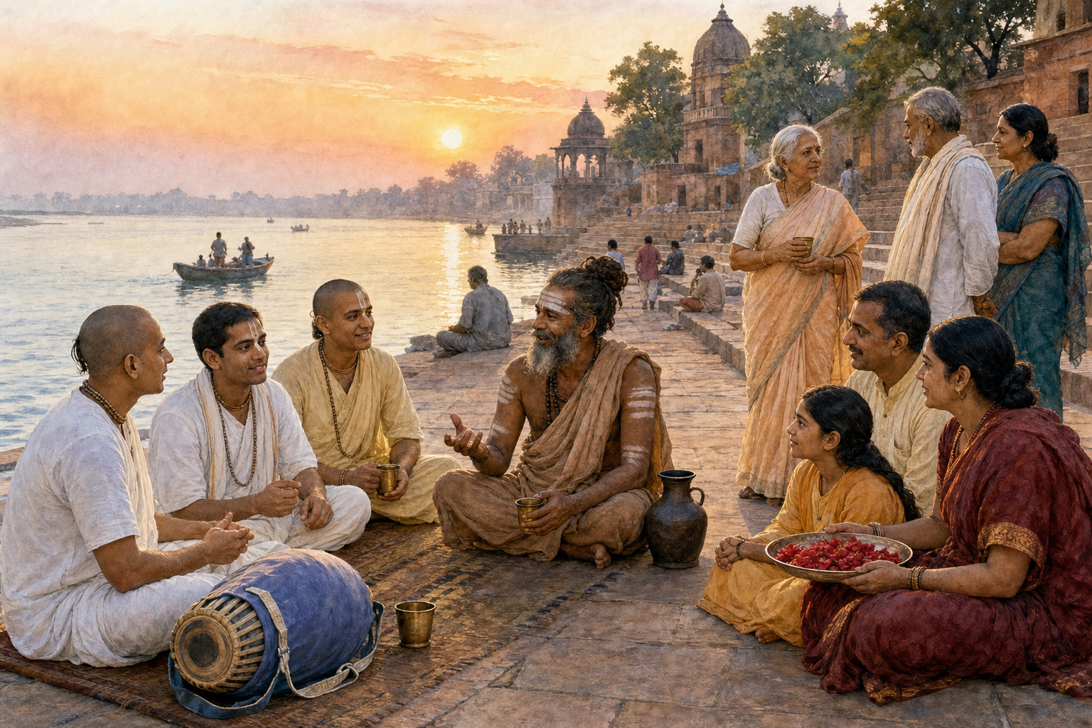 Vaishnava, Shaiva, and Shakta practitioners meet respectfully on riverside steps while retaining distinct clothing and devotional objects.