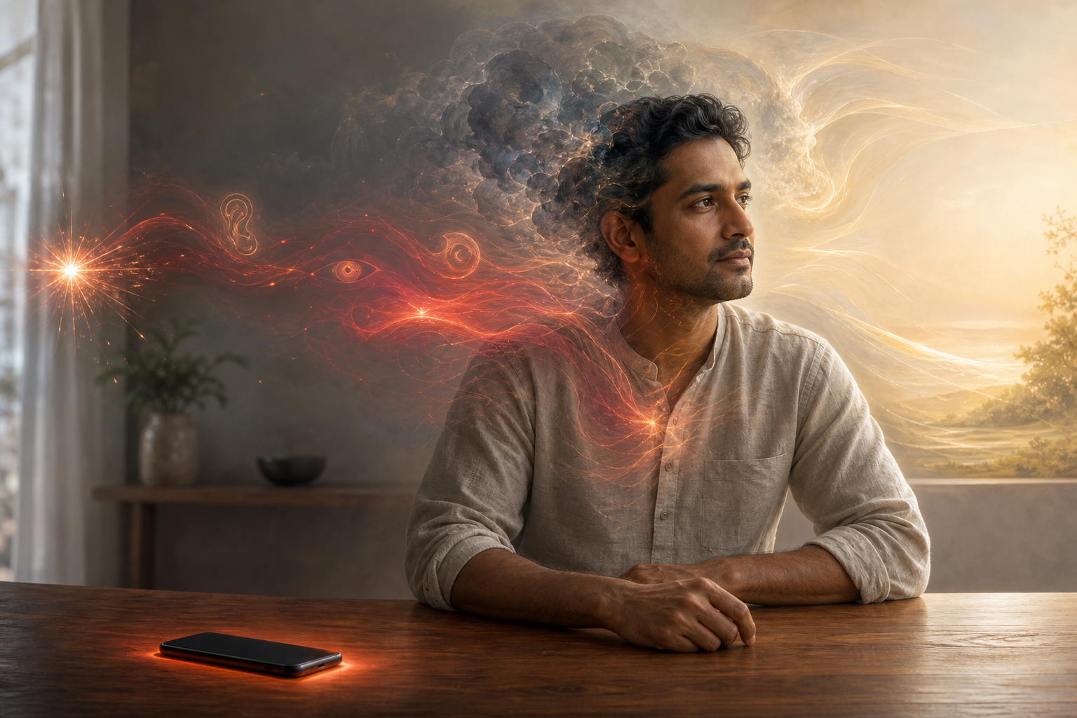 A person pauses beside a face-down phone while a spark, red ripples, a turbulent cloud, and clear golden light suggest stages of a passing reaction.