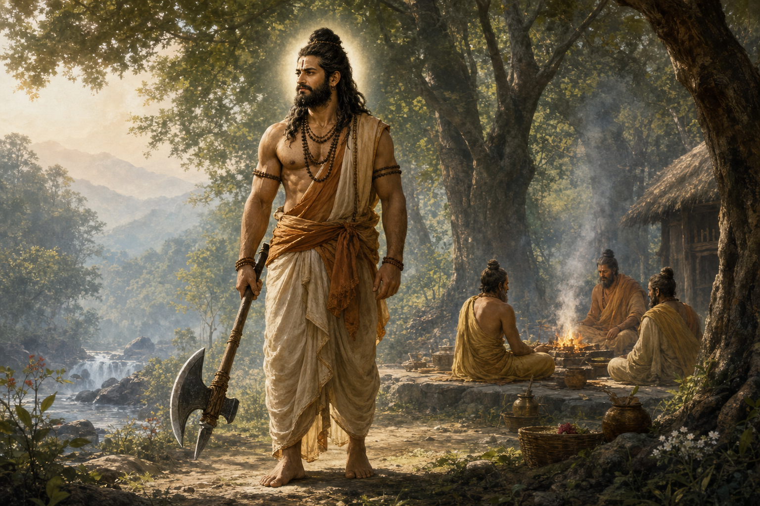 Parashurama stands calmly beside a forest hermitage with his axe lowered at his side while sages gather in the background.