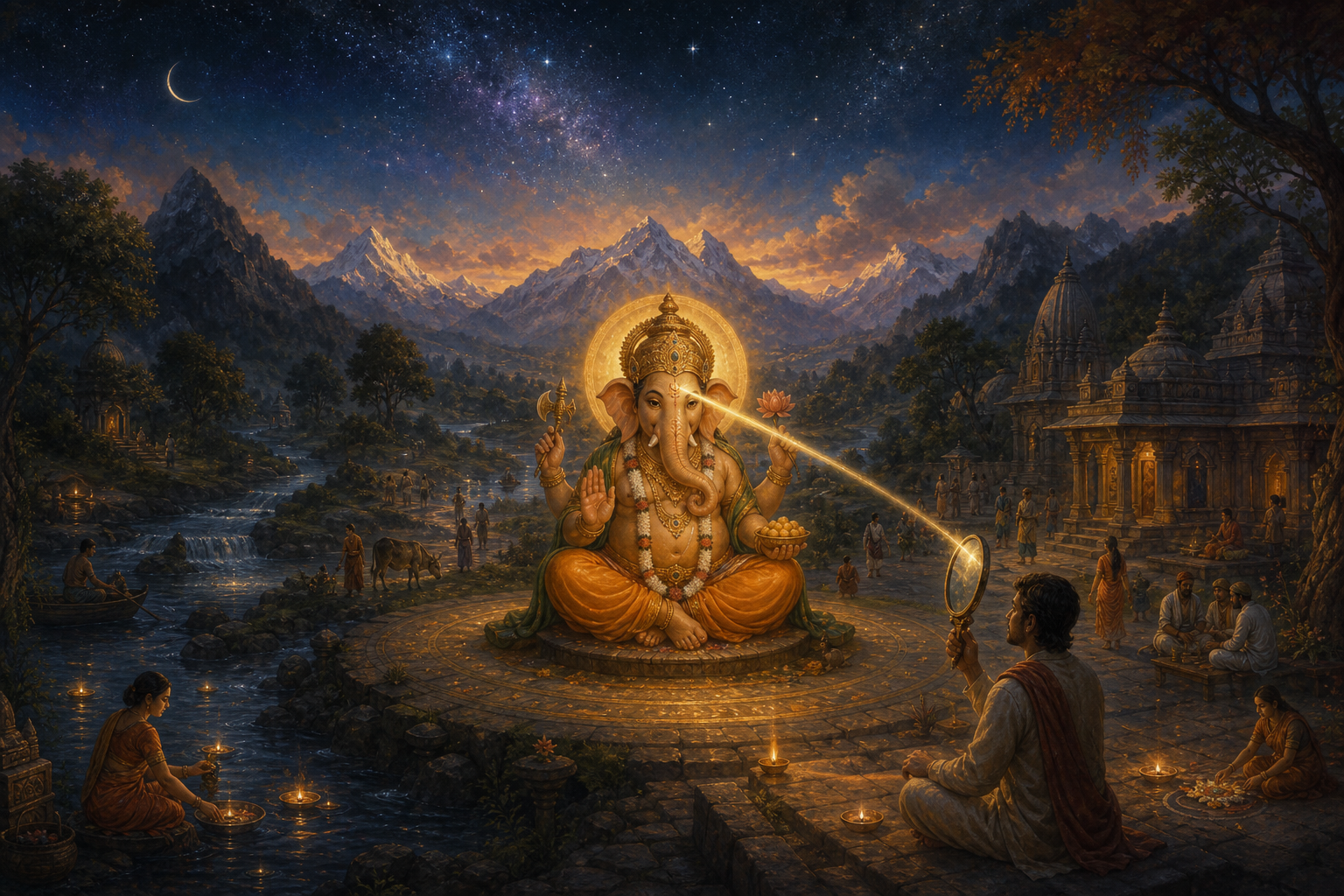 Ganesha sits within a luminous cosmic landscape connected by light to a person holding a mirror in a temple courtyard.