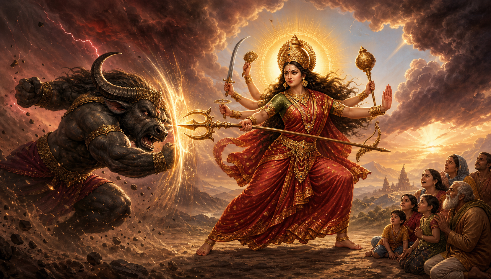 Durga uses a trident to stop the charging buffalo demon Mahishasura while raising another hand protectively toward people behind her.