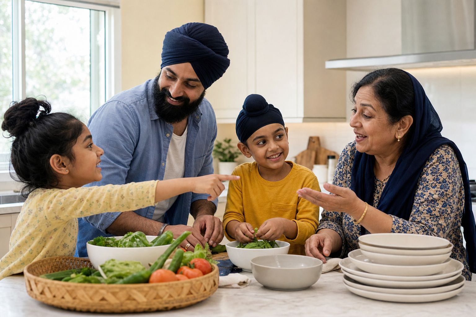 Sikh family members converse while children help sort vegetables and set a kitchen table.