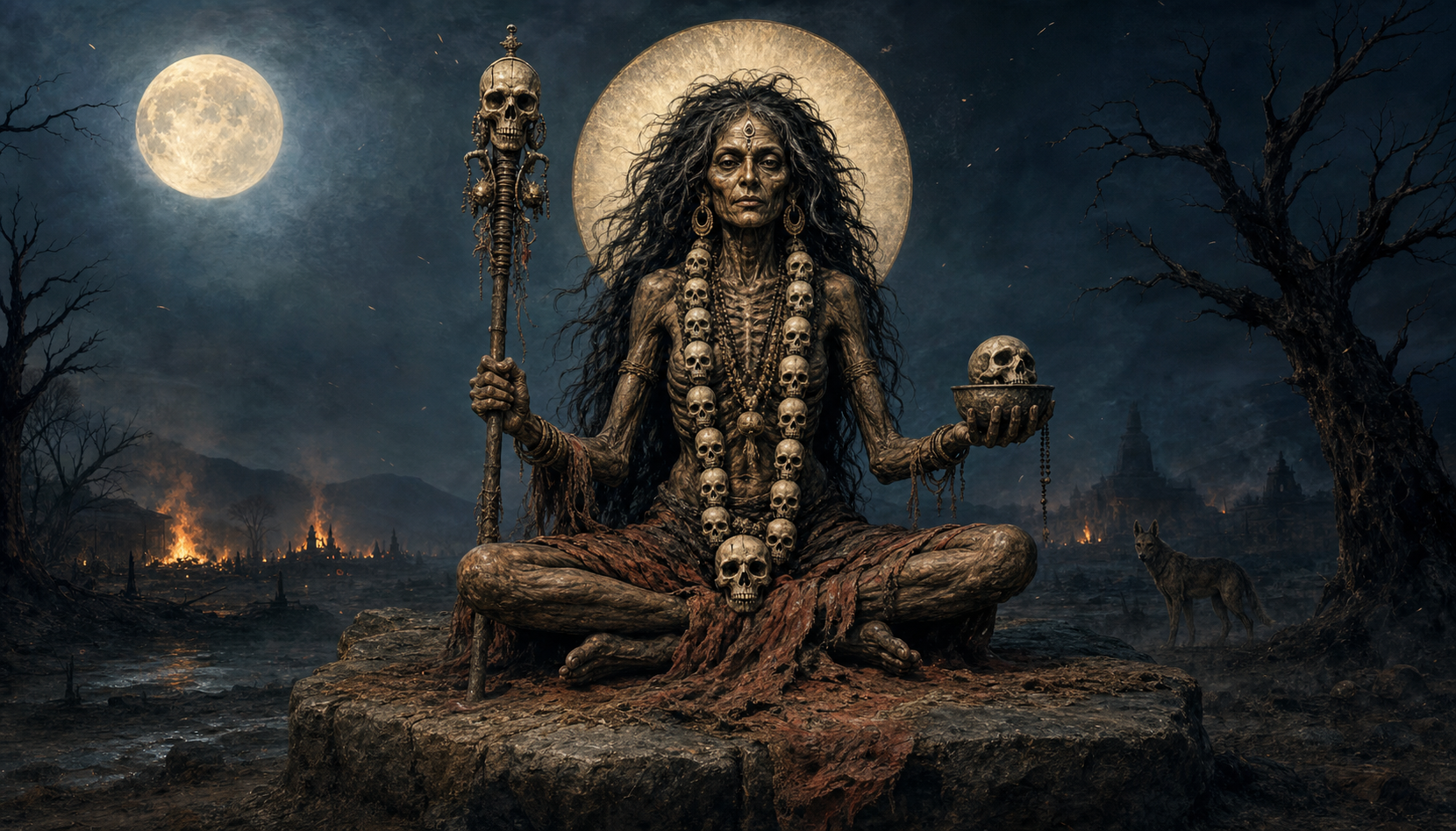 Chamunda sits beneath a halo in a moonlit cremation ground holding a skull-topped staff and skull bowl, with a jackal and distant flames nearby.