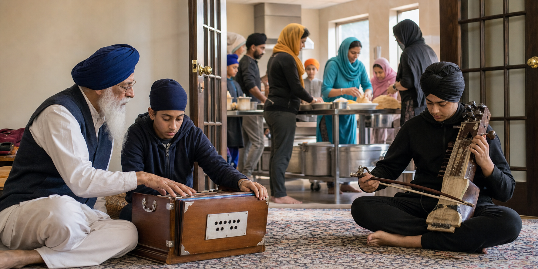 An elder mentors young Sikh musicians in a gurdwara community room while volunteers prepare langar through an open doorway.
