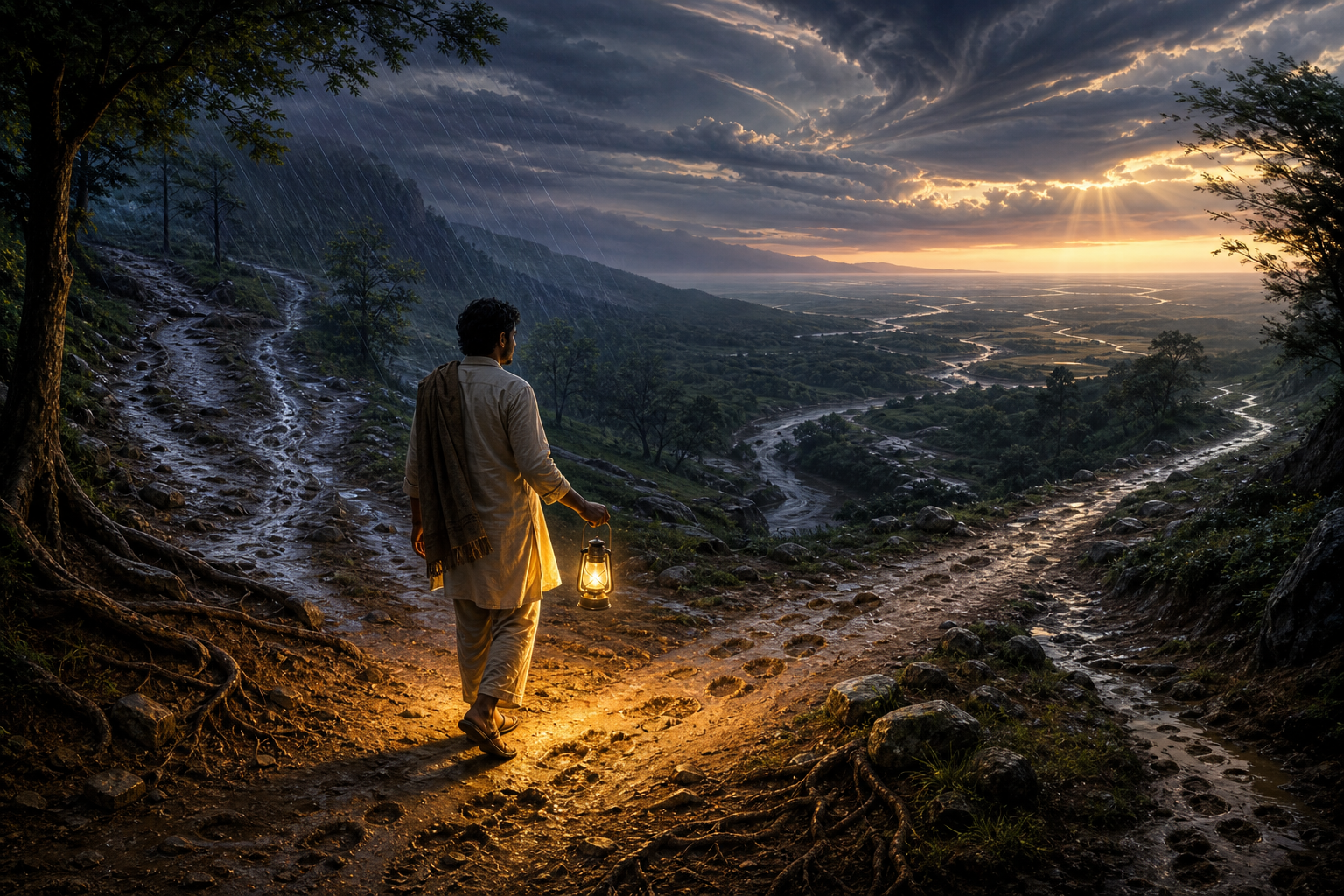 A person with a lamp chooses a woodland path shaped by wind, rain, roots, streams, and earlier footprints.