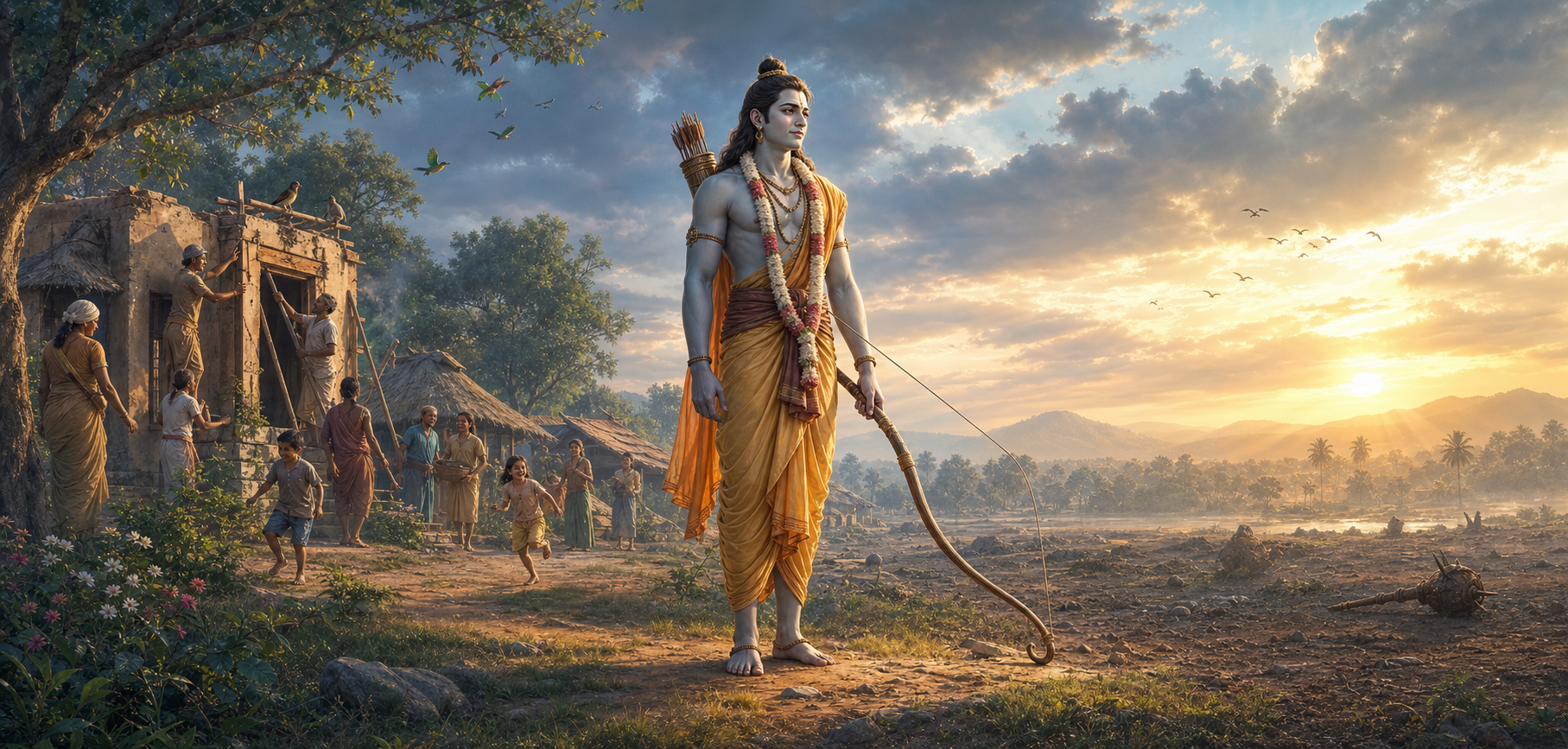 Rama lowers his bow at dawn as villagers leave shelter and begin restoring their homes after the danger has ended.