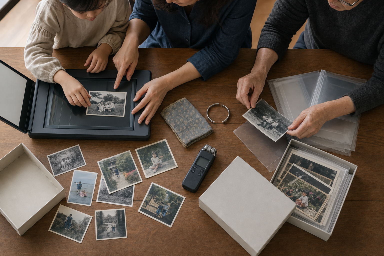 Family members organize old photographs, keepsakes, recordings, and archival sleeves together at a dining table.