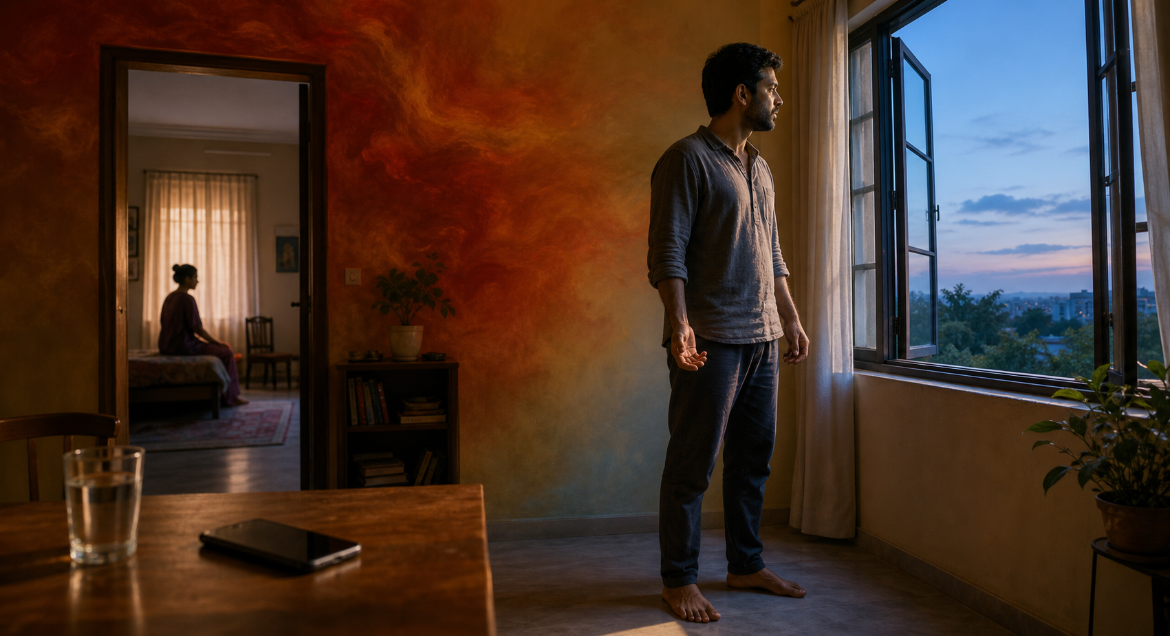 A person steps away from a tense conversation, relaxes a clenched hand near an open window, and leaves a phone untouched on a table.