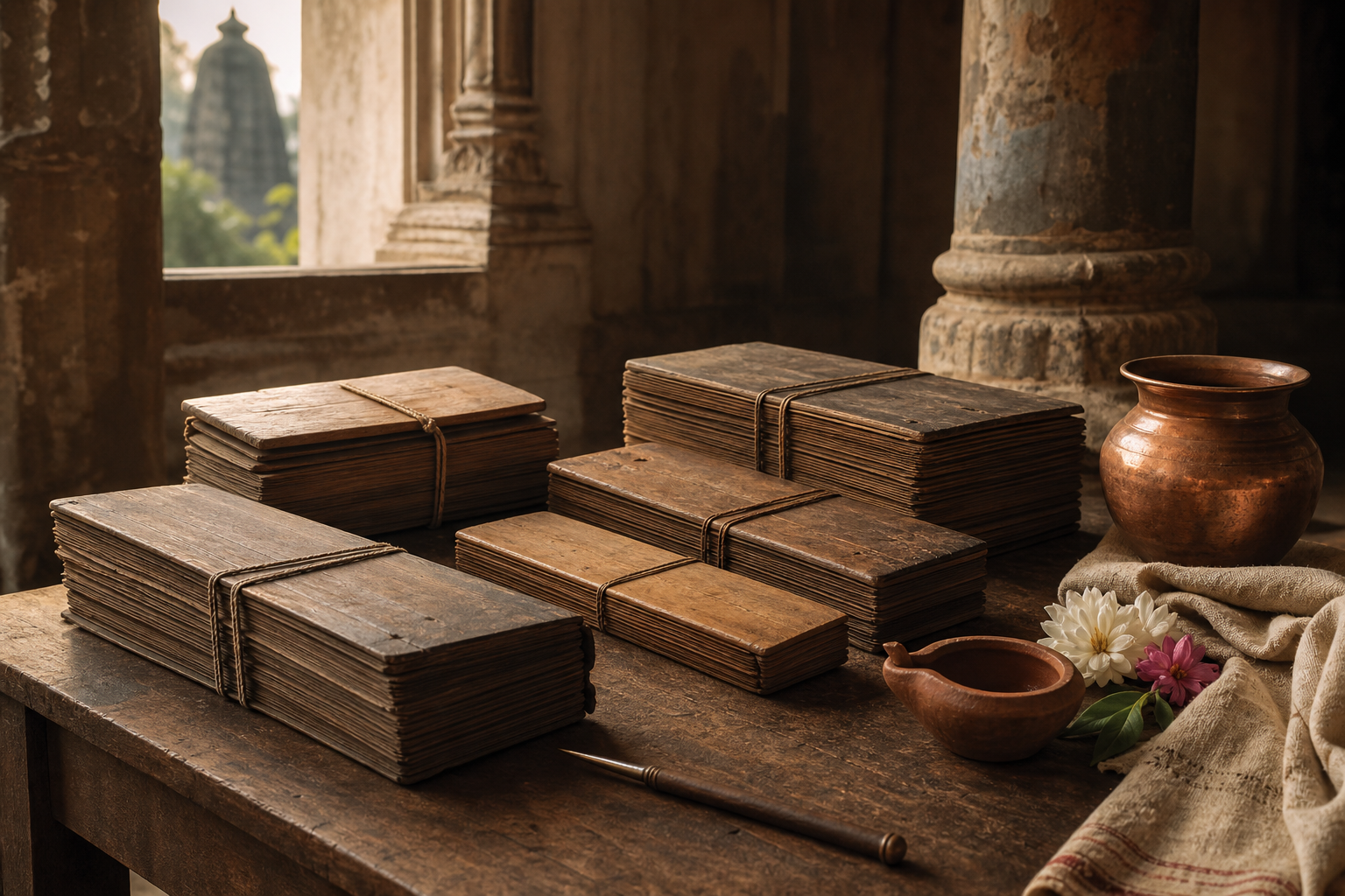 Closed palm-leaf manuscript bundles, a stylus, a copper vessel, flowers, and a clay lamp rest on a wooden surface in soft morning light.