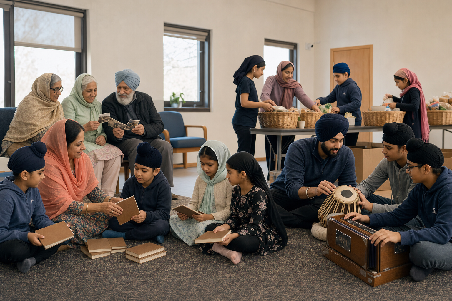 Children, teenagers, parents, and elders take part in learning, music, family-history, and food-service activities in a gurdwara community room.