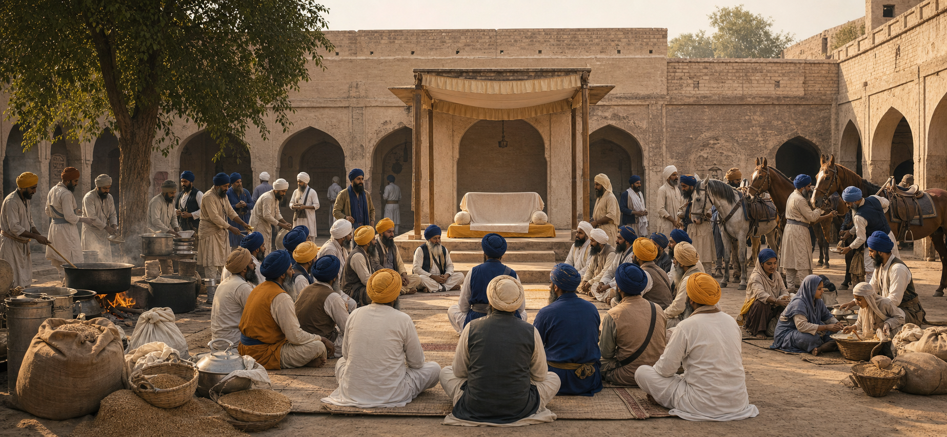 A seventeenth-century Sikh community holds an open council while volunteers run a communal kitchen, collect grain, prepare messengers, and assist travelers.