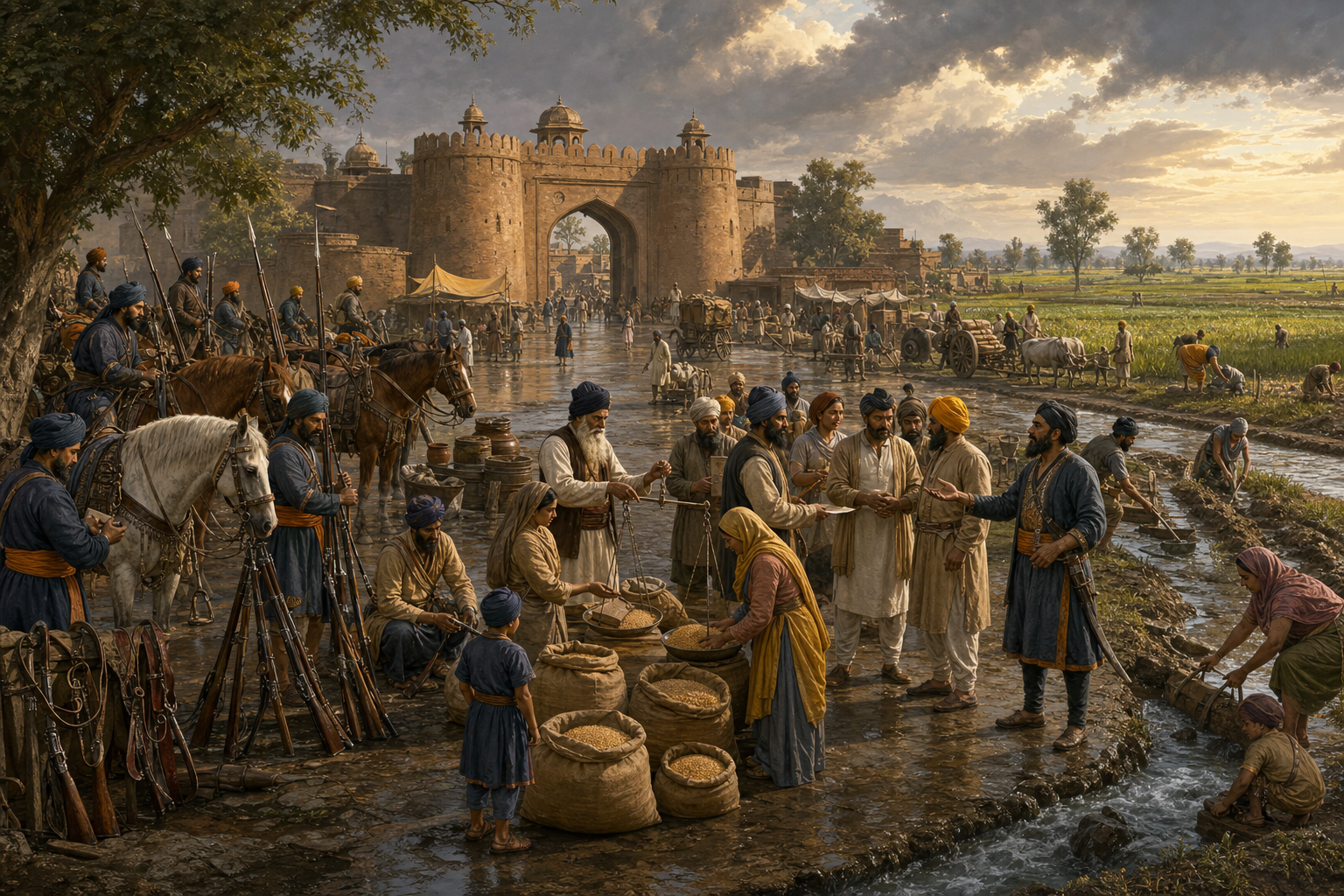 Sikh horsemen secure their weapons outside a fortified village as residents distribute grain, repair irrigation, resolve a dispute, and protect a caravan.