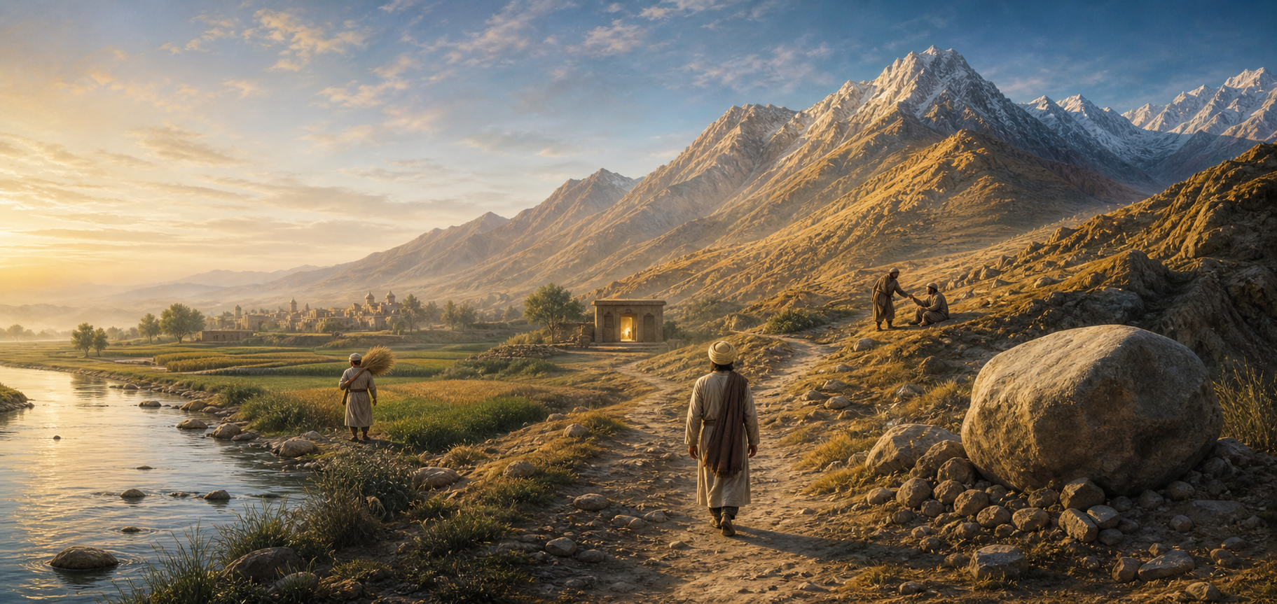 A panoramic illustration links the Kali Bein and Punjab fields with a Himalayan mountain path and boulder as a turbaned traveler walks through the changing landscape.