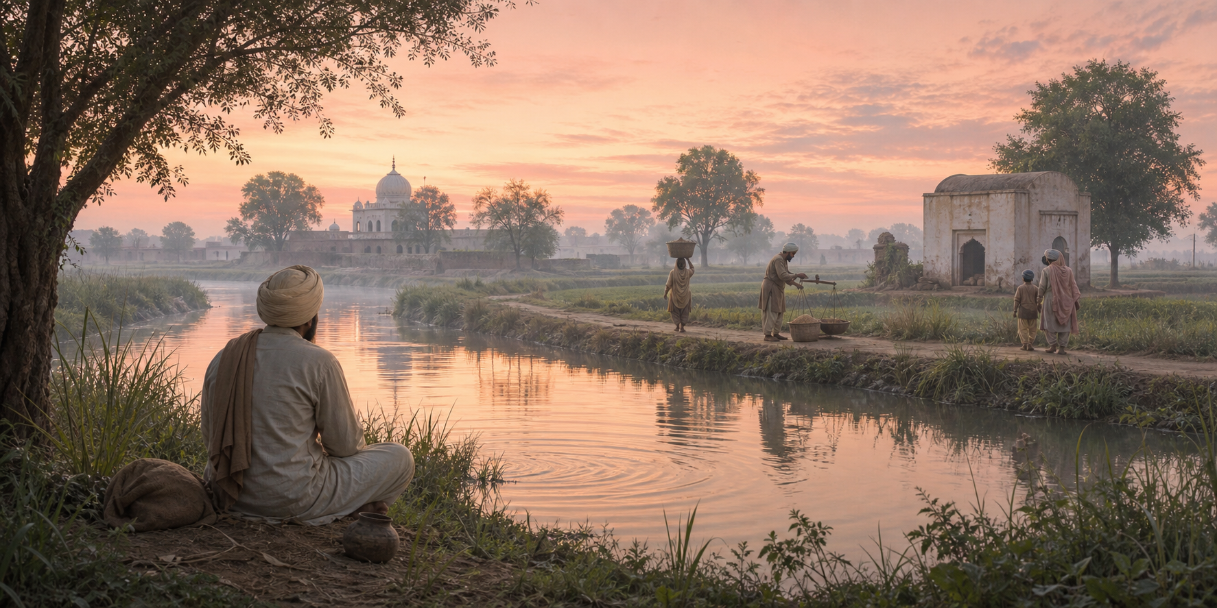 At dawn beside the Kali Bein in Sultanpur Lodhi, a turbaned traveler sits near the water while townspeople carry grain and begin their daily work.