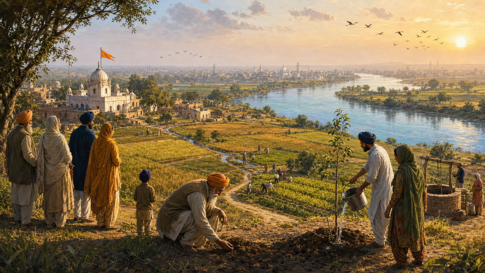 Several generations of Sikh visitors and local farmers care for soil, water, and a young tree in a Punjab landscape with fields, a river, and a gurdwara.