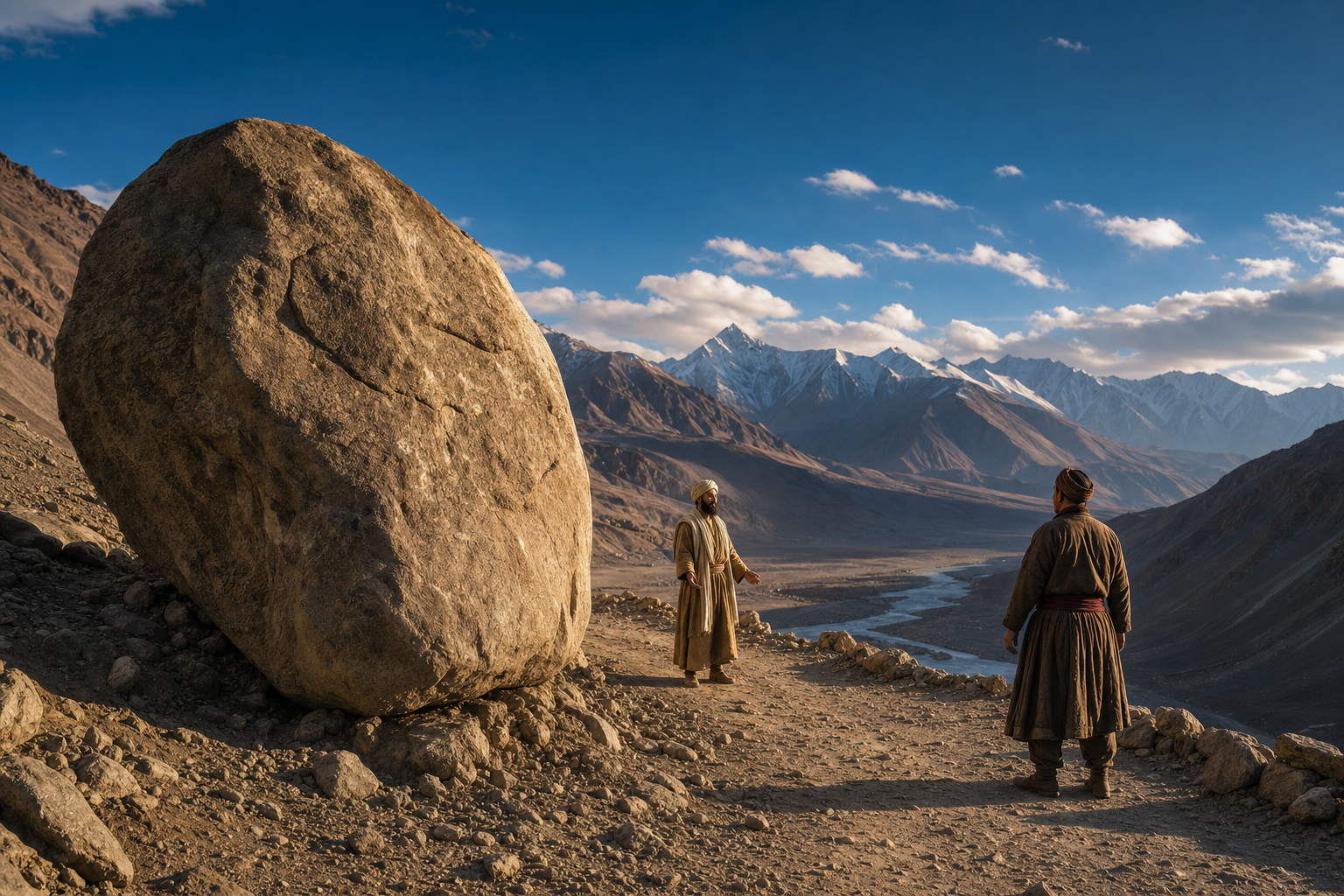 A large boulder stands beside a Ladakh mountain path where a calm turbaned traveler faces another figure beneath sunlit Himalayan ridges.