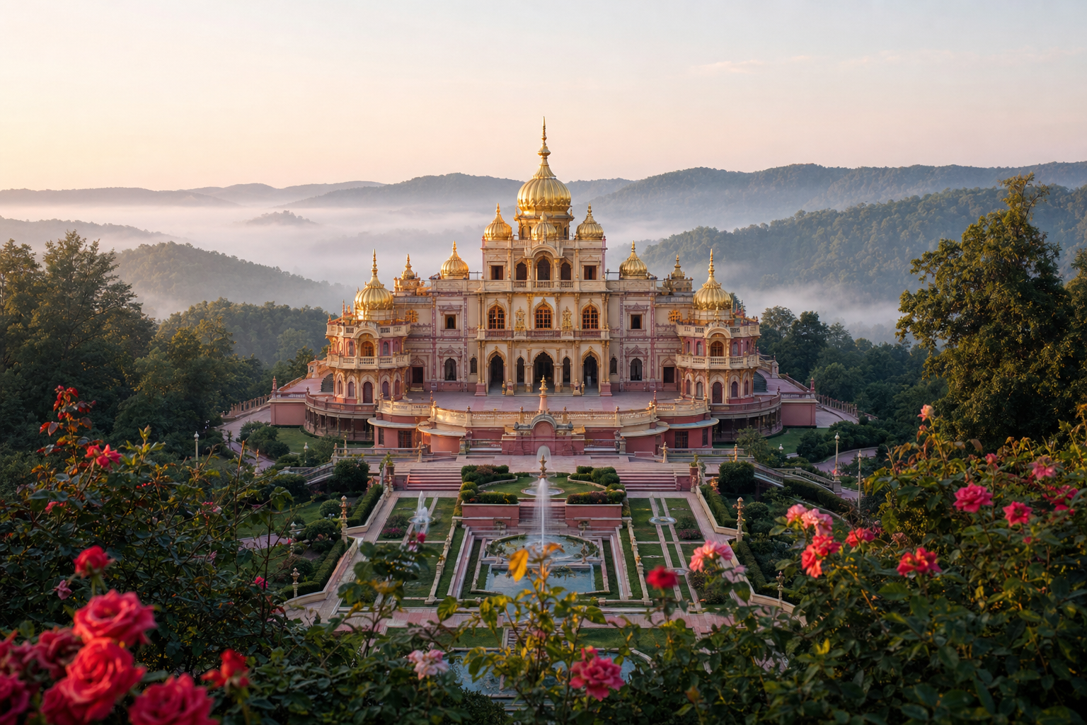 New Vrindaban's ornate Palace of Gold overlooking formal gardens and the wooded hills of West Virginia.