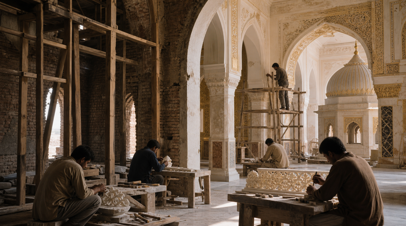 Volunteer craftspeople work inside an unfinished arched building as plain construction gives way to ornate devotional decoration.