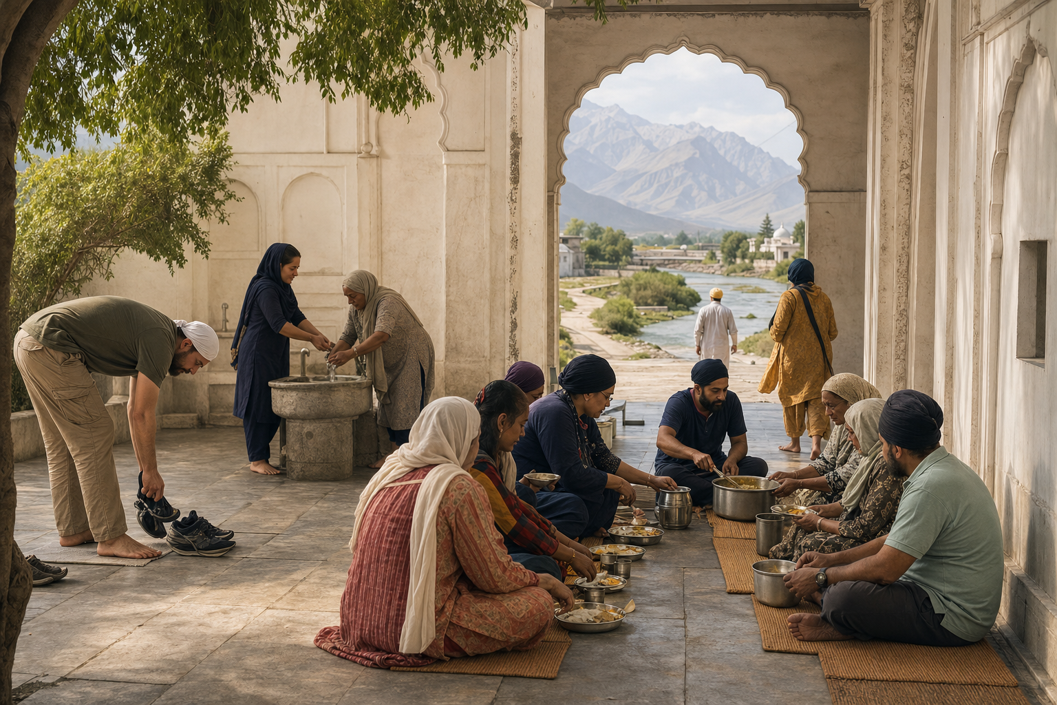 Visitors at a Sikh pilgrimage site cover their heads, remove their shoes, share a communal meal, and assist an older pilgrim at a washing basin.
