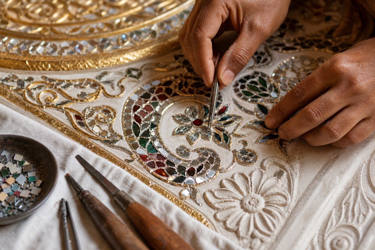 Hands place small mirrored mosaic pieces into a floral design beside ornamental plaster and gold leaf.