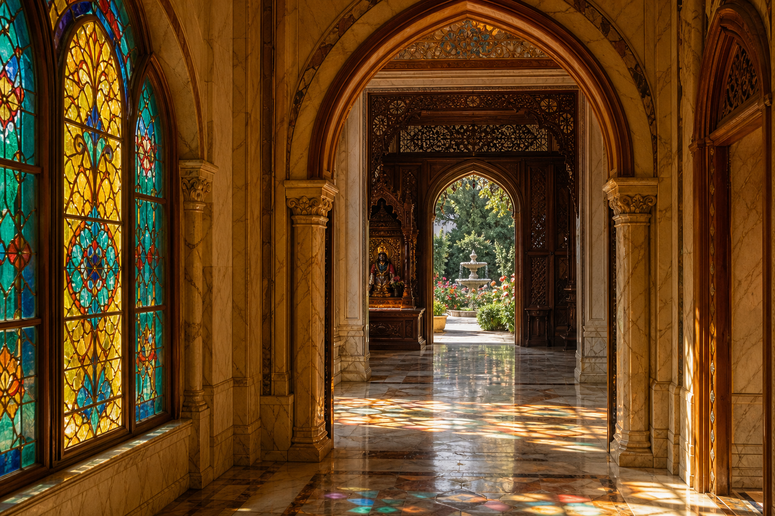 Colored window light crosses a marble-floored ornamental corridor that opens toward a fountain and rose garden.