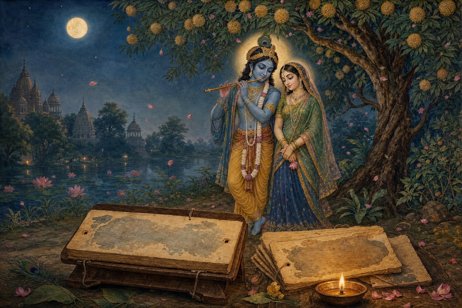 Radha and Krishna beneath a flowering tree with aged manuscript folios and an oil lamp in the foreground.