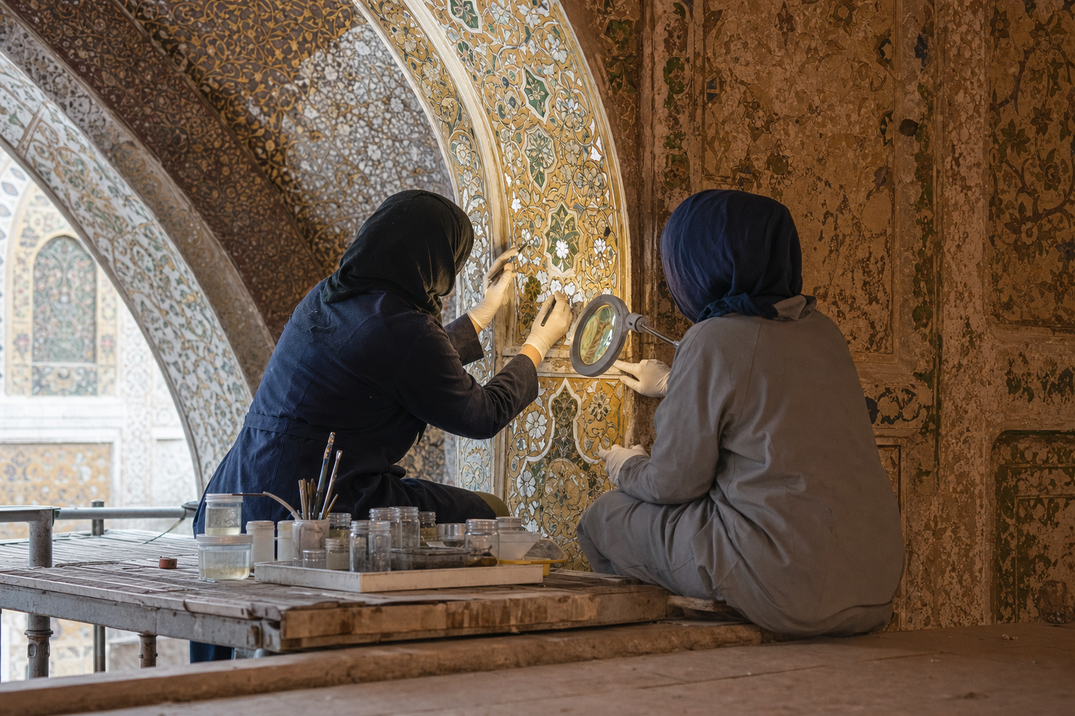 Conservators repair gilded plaster and mirrored mosaic on an ornate interior arch using fine hand tools.