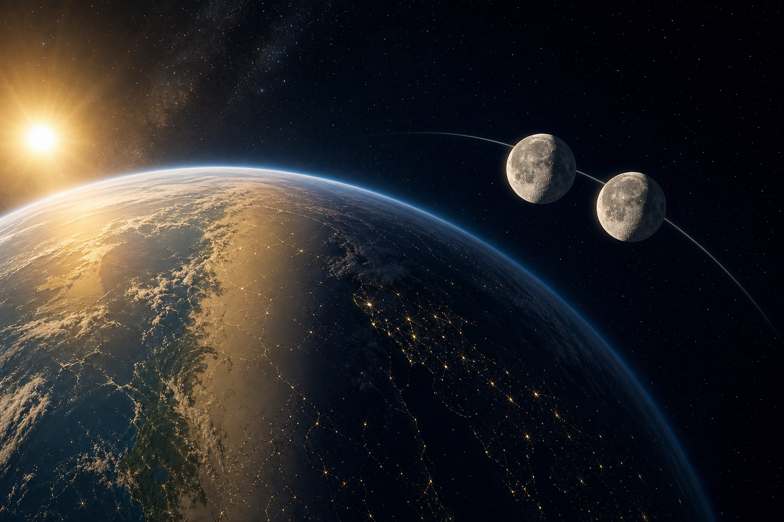 Conceptual space illustration of Earth, the Sun, and two nearby waxing gibbous Moon positions along an orbital arc during one day.