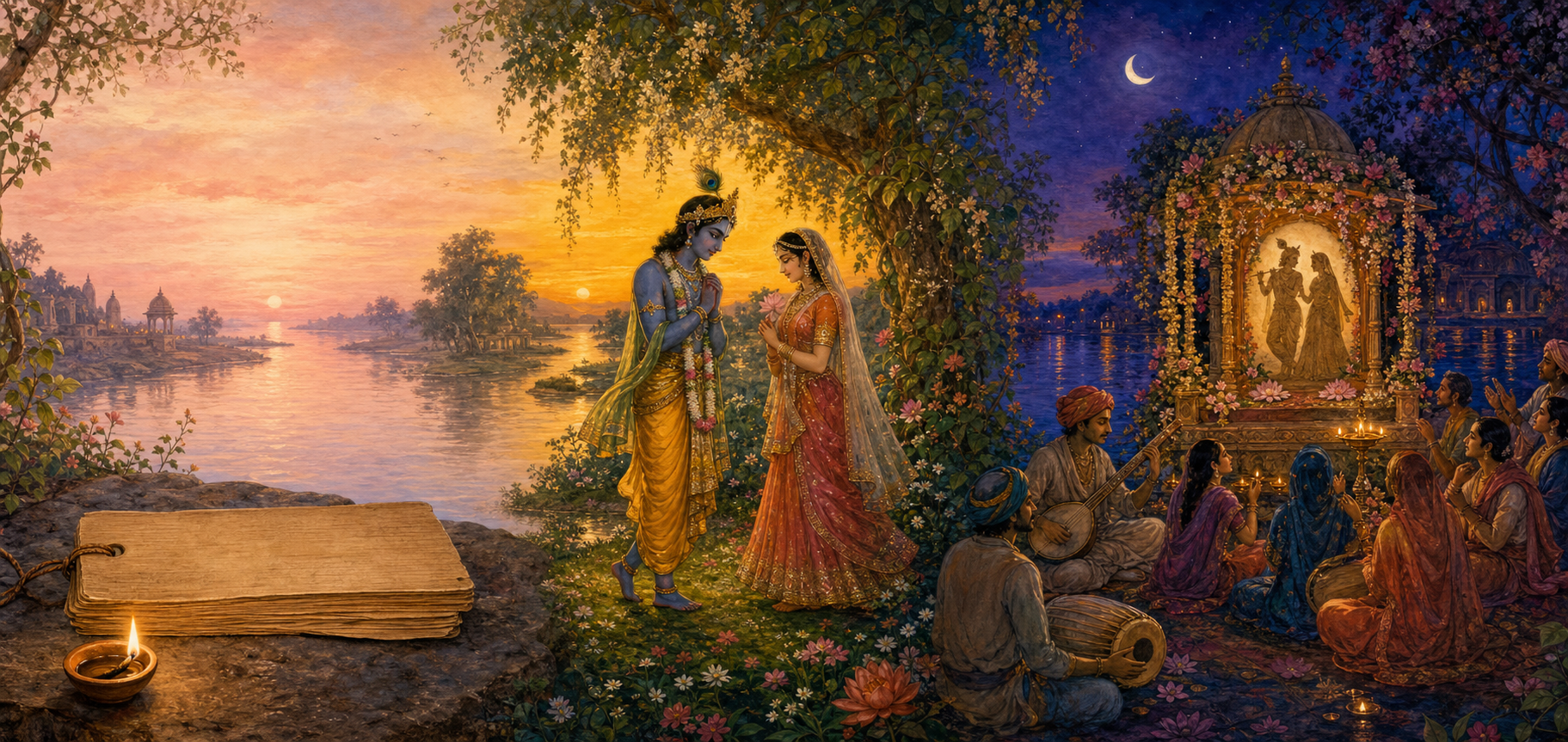 Three connected scenes show an old manuscript folio, Radha and Krishna in a grove, and devotees gathered near a shrine.