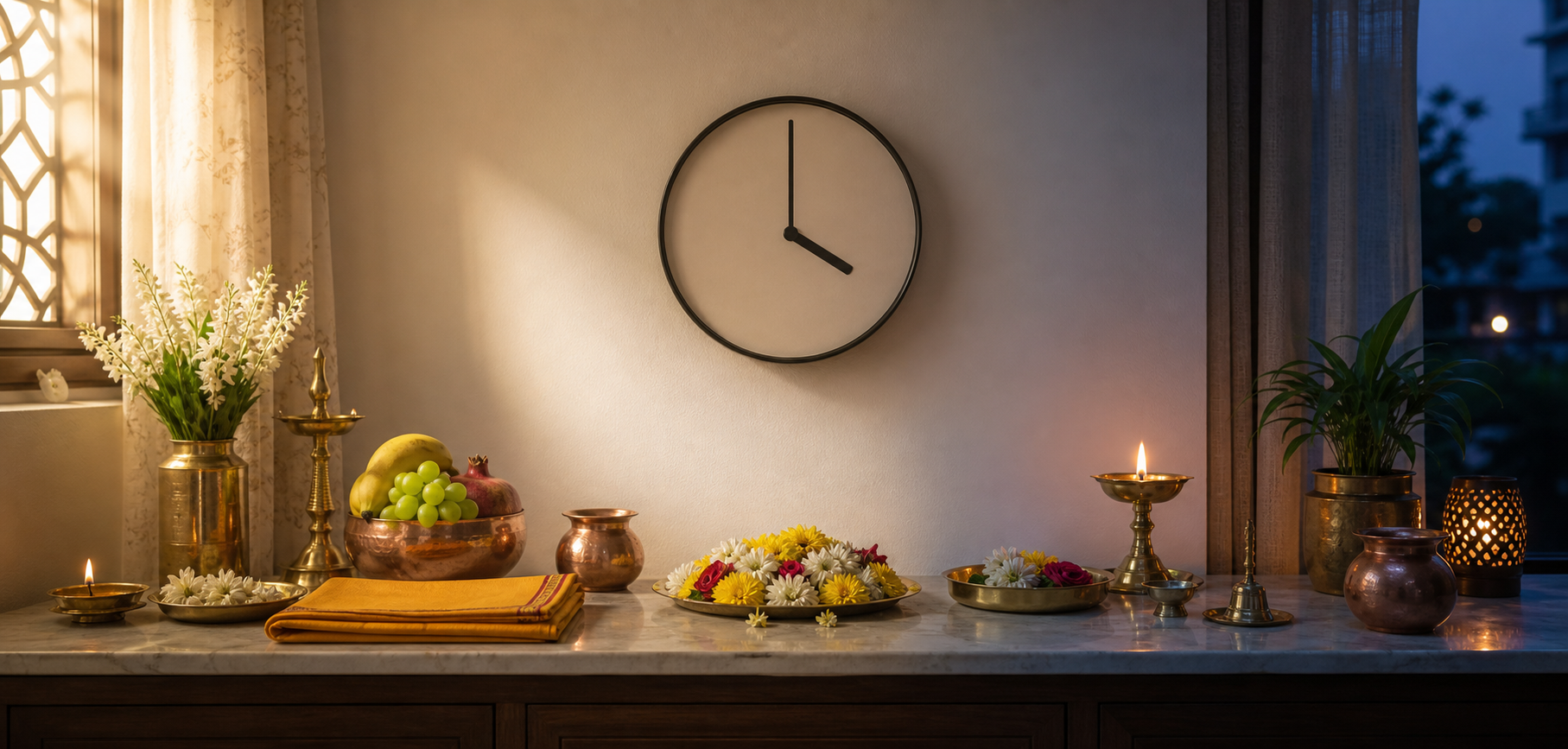 A home puja altar shown in afternoon and early-evening light on either side of an unmarked clock set to four.