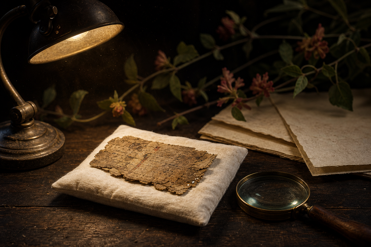 A weathered manuscript fragment rests under lamplight while a flowering vine disappears into the shadows behind it.