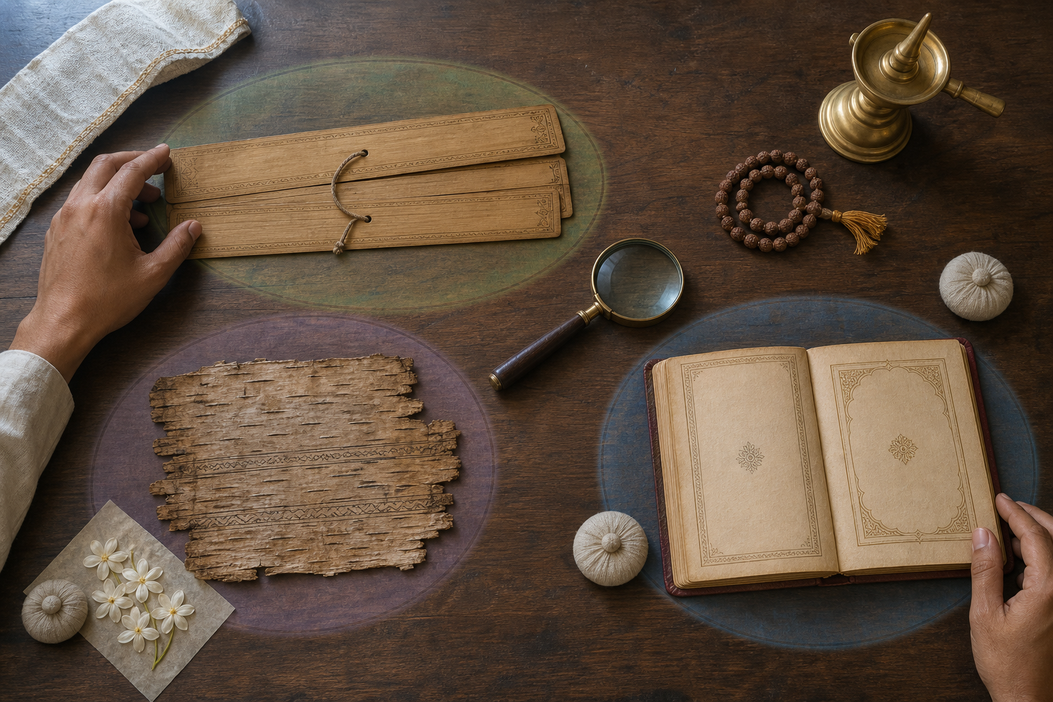 A scholar's hands compare palm-leaf, birch-bark, and bound manuscripts arranged separately on a wooden desk.