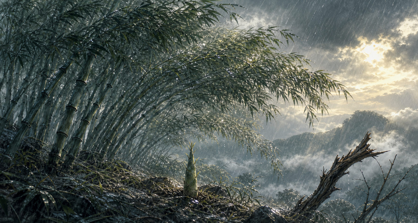 A living bamboo grove bends in wind and rain without breaking while a dry branch lies snapped nearby.