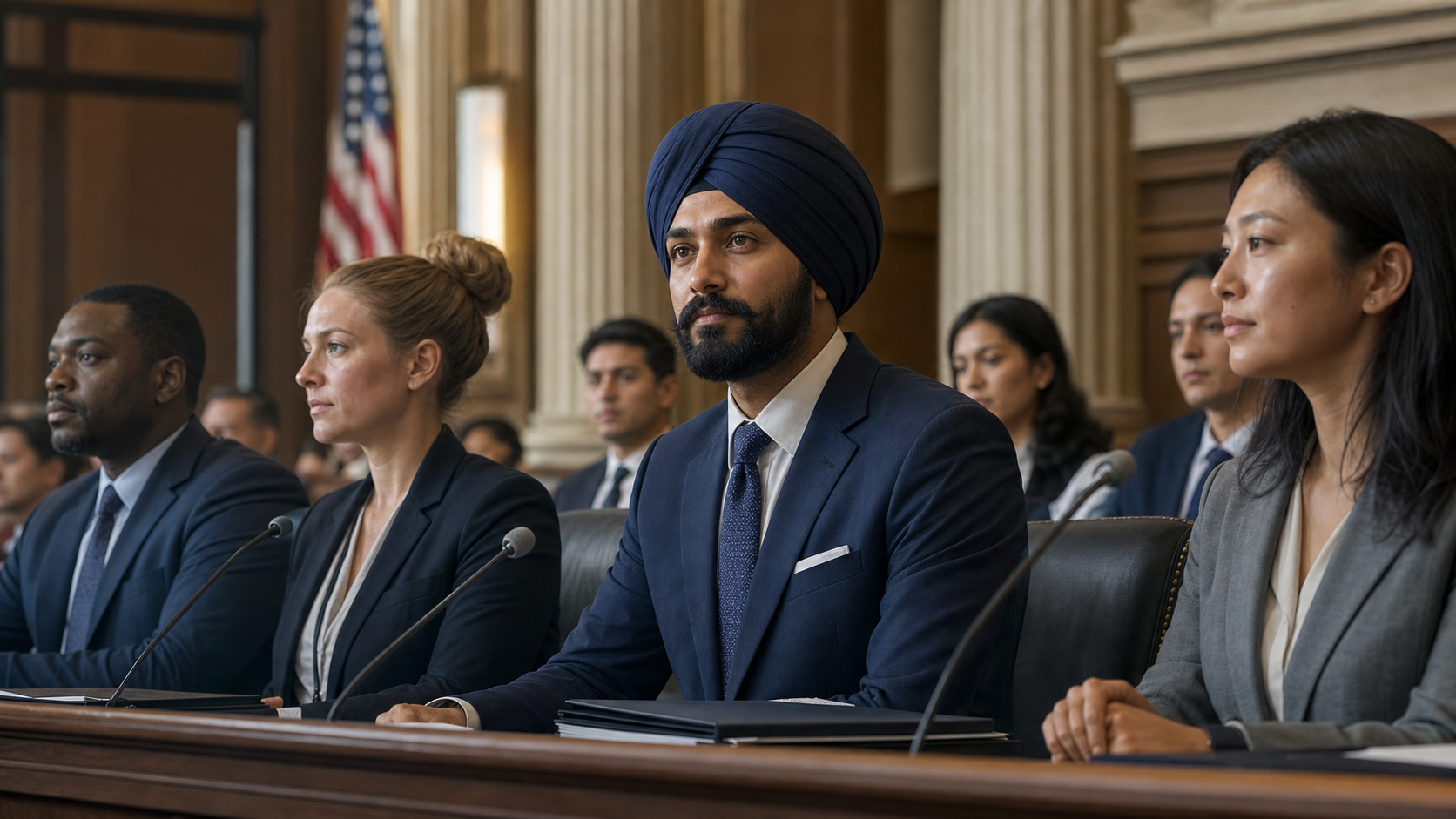 A fictional Sikh American public servant in a navy turban sits with other commissioners at a federal hearing dais.
