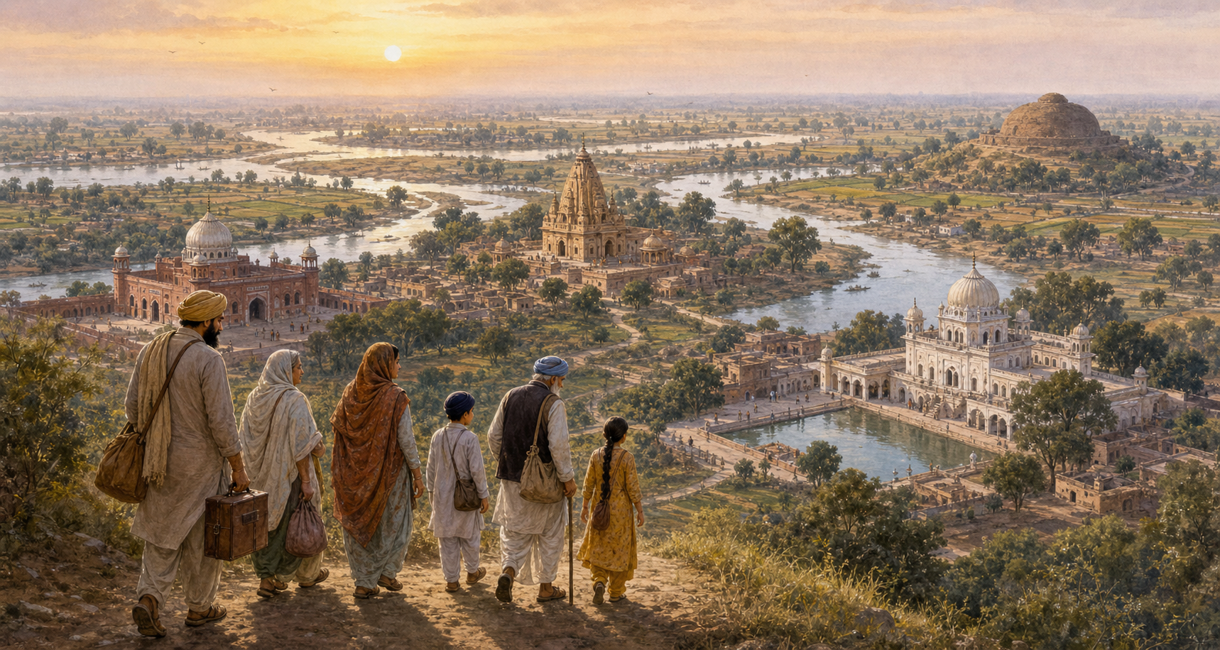 An editorial illustration shows a Punjabi family crossing a river plain containing a gurdwara, a Hindu temple, a Sufi shrine, and a distant stupa mound.