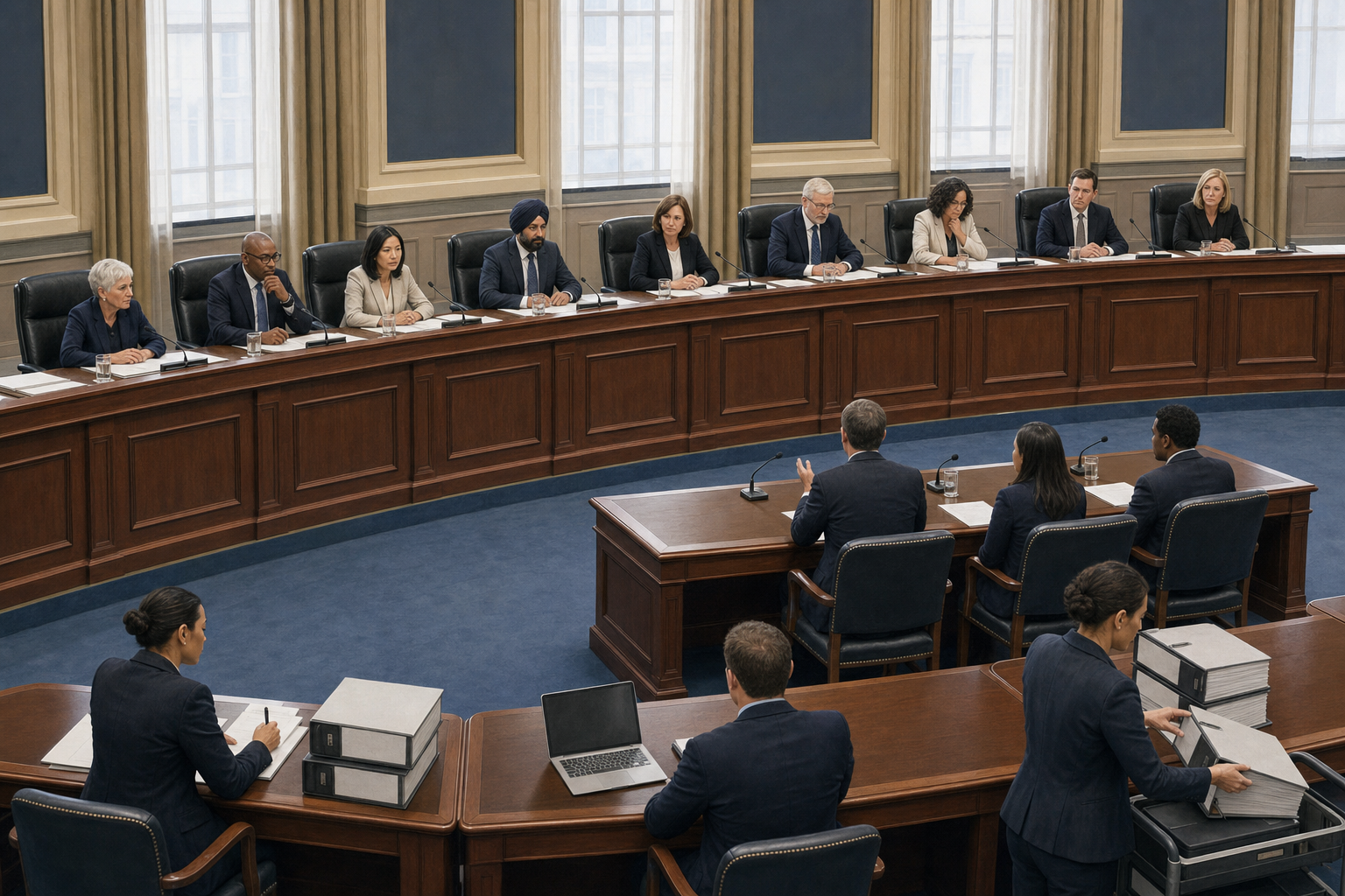 A Sikh commissioner sits among a multi-member panel while witnesses and staff participate in a formal federal hearing.