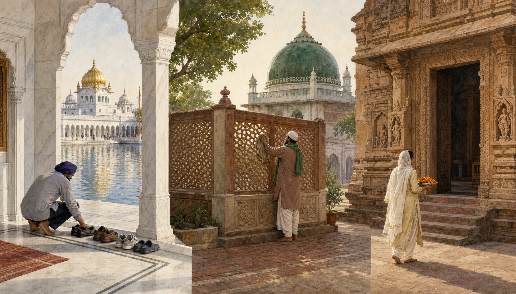 Three separate scenes show a visitor at a gurdwara, a caretaker cleaning a Sufi shrine, and a devotee approaching a Hindu temple.