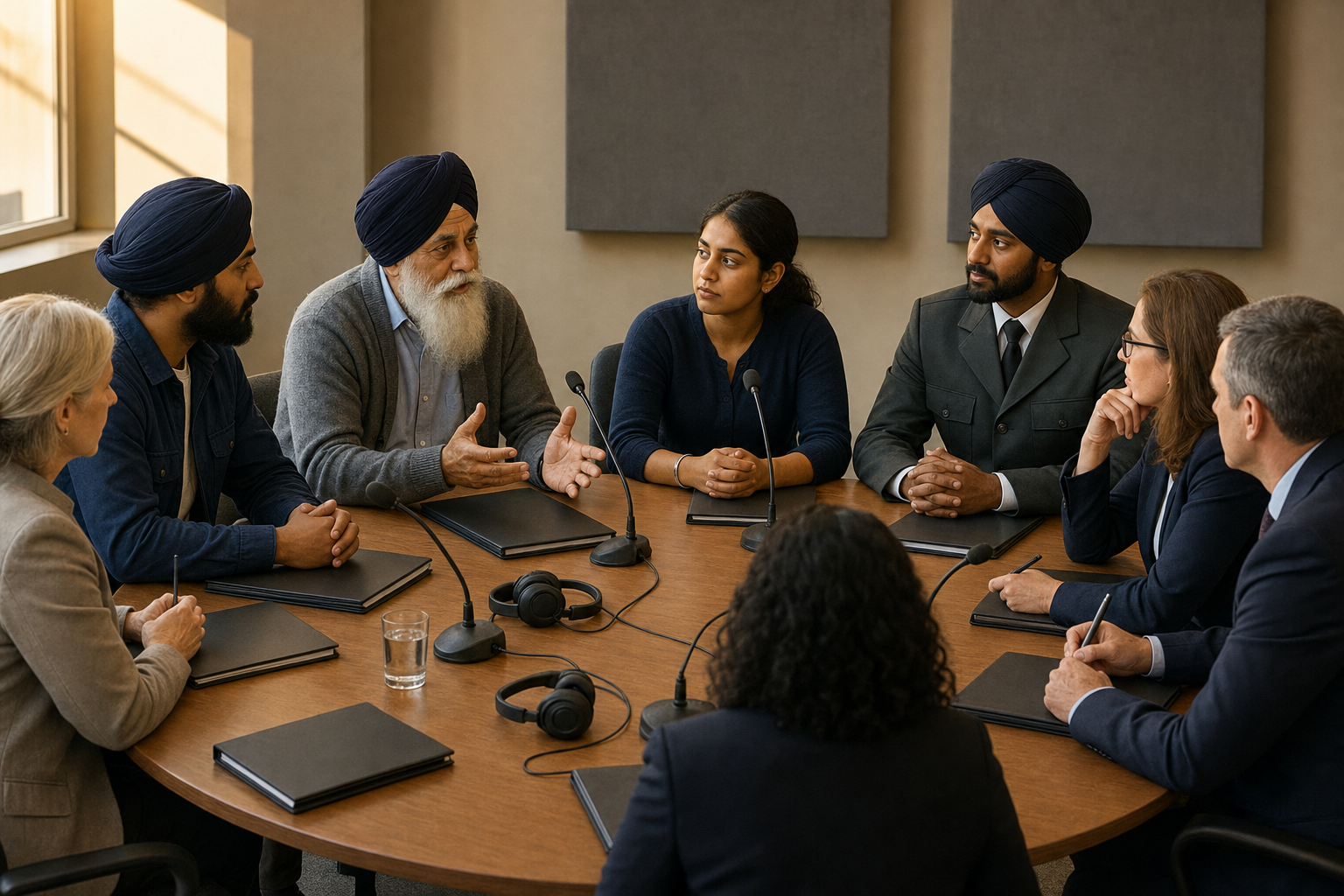 Sikh community members with different backgrounds speak with civil servants around a public listening-session table.