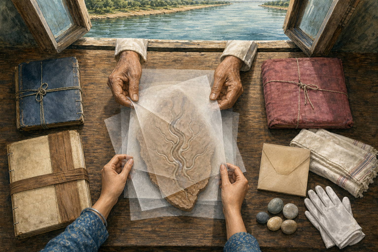 Older and younger hands arrange blank translucent sheets over a clay relief of river channels beside closed archival folios and conservation materials.