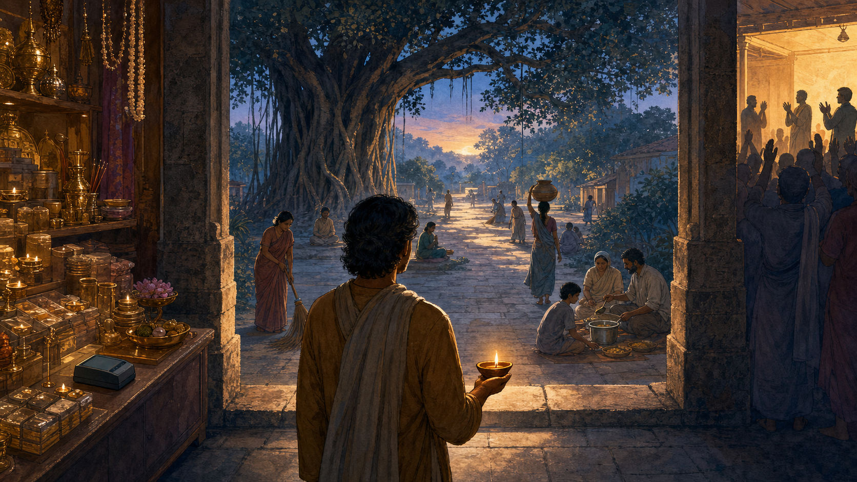 A person holding an oil lamp stands between a marketplace, an applauding crowd, and a dawn path leading to meditation and community service.