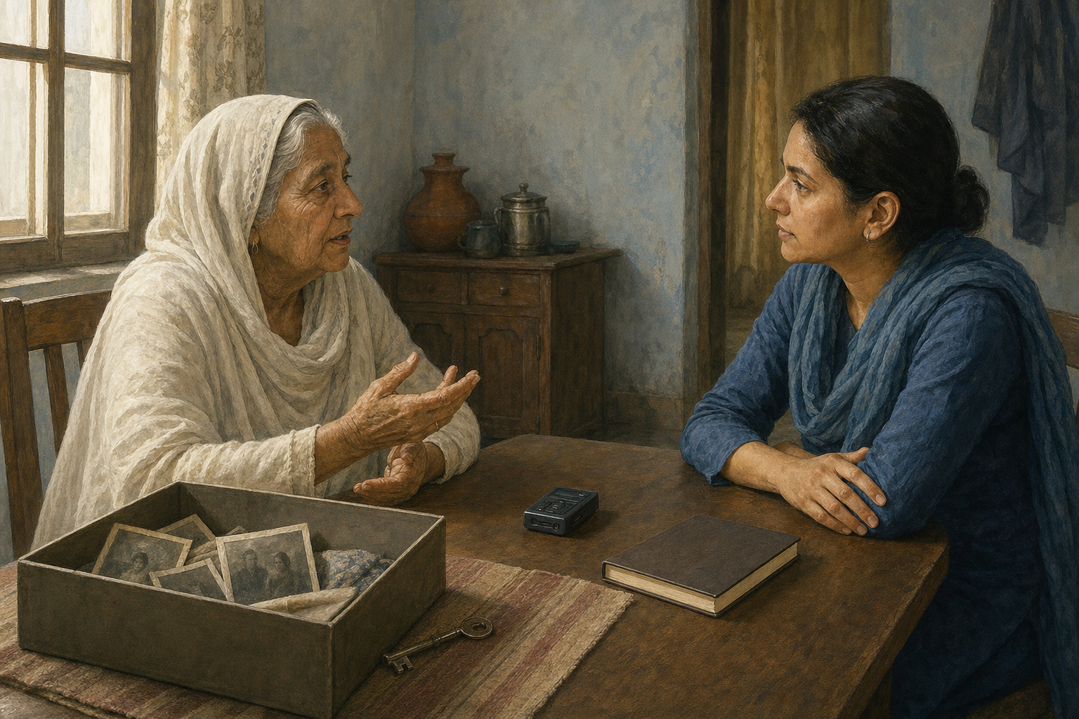 An older person shares a family memory with a younger listener as an audio recorder and a box of photographs sit on the table.